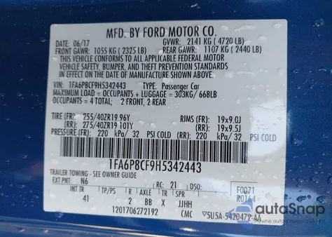 2017 Ford Mustang Gt Premium z USA, uszkodzony, nr VIN 1FA6P8CF9H5342443